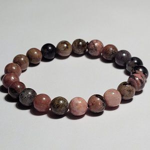 Natural Black Stripe Rhodonite Crystal Beaded Bracelet 8mm 7" Medium